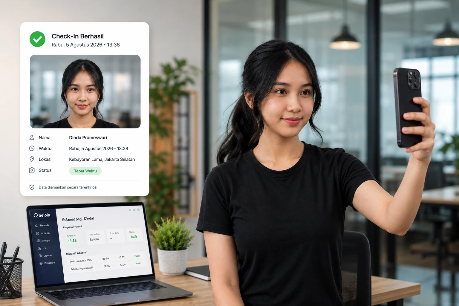 Qelola Kerja - employee taking a selfie for face-verified attendance
