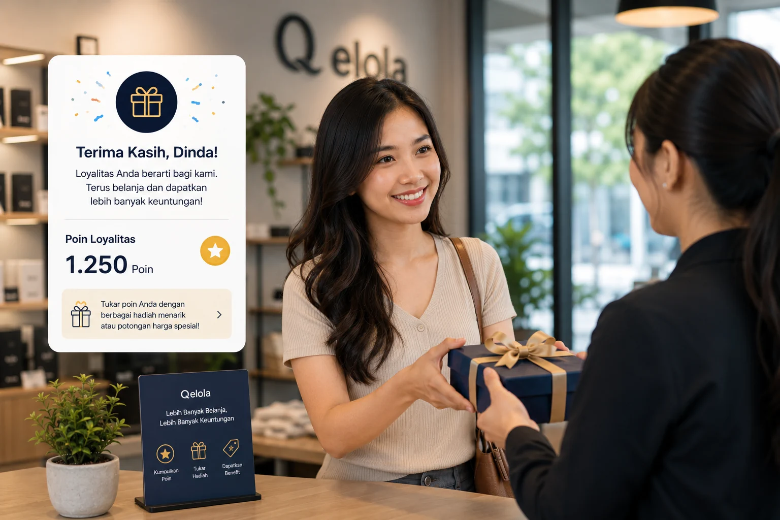 Qelola Poin - loyal customer receiving rewards and a gift
